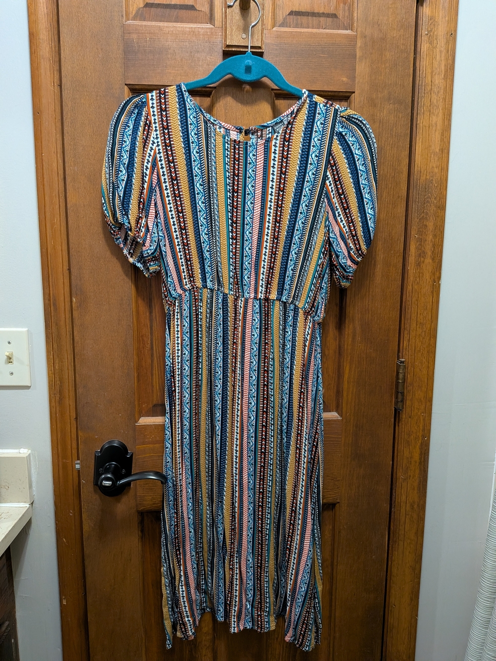 Striped Puff-Sleeve Midi Dress in Blue & Rust